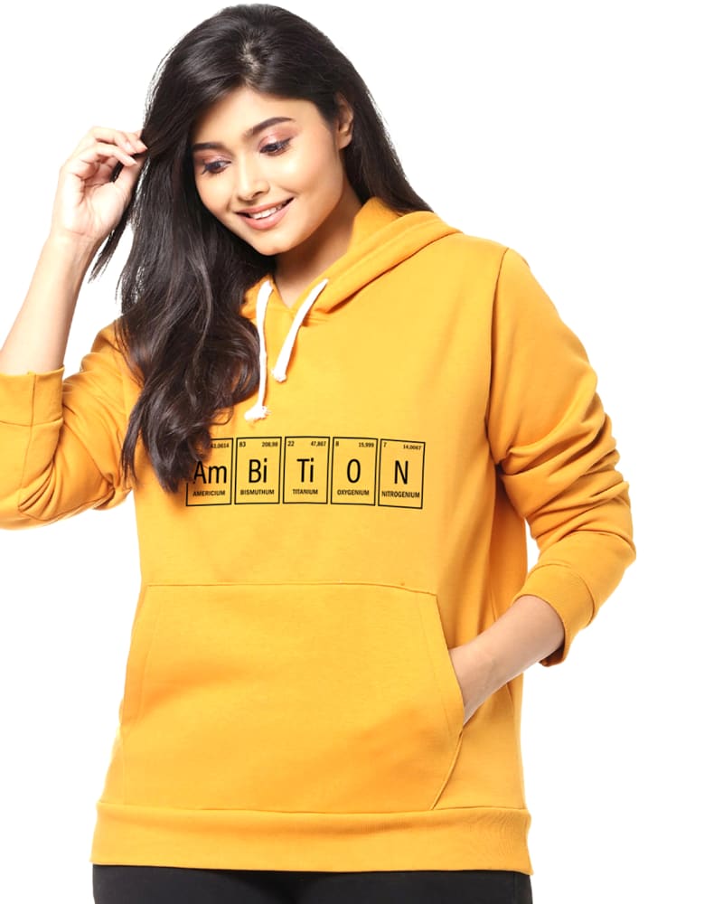 Front of a model wearing a size 5XL Yellow "Ambition" Text Printed Sweatshirt in Mustard by Instafab Plus. | dia_product_style_image_id:298113